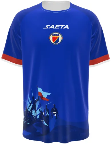 Camisa titular do Haiti 2026 azul com cena da independência na barra, frente e costas