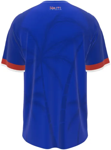 Camisa titular do Haiti 2026 azul com cena da independência na barra, frente e costas