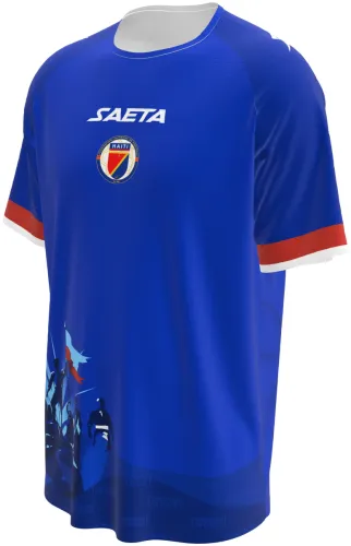 Camisa titular do Haiti 2026 azul com cena da independência na barra, frente e costas