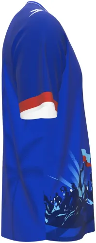 Camisa titular do Haiti 2026 azul com cena da independência na barra, frente e costas