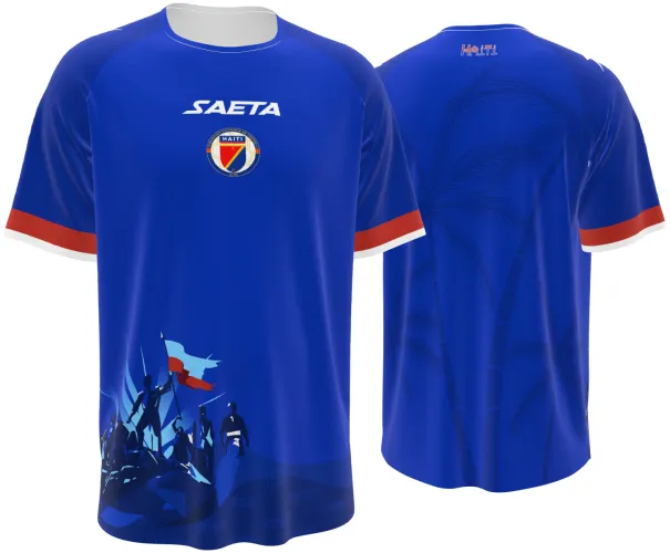 Camisa titular do Haiti 2026 azul com cena da independência na barra, frente e costas