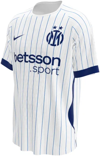Camisa visitante do Inter de Milão 2026 - 2027 branca com risca de giz azul, frente e costas