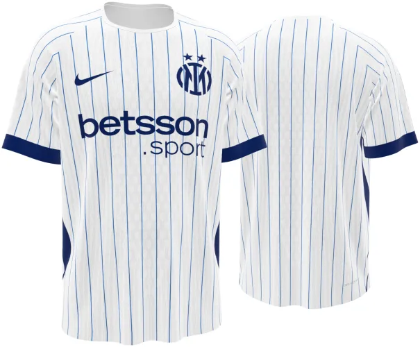 Camisa visitante do Inter de Milão 2026 - 2027 branca com risca de giz azul, frente e costas