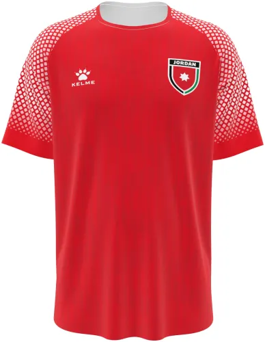 Camisa visitante da Jordânia 2026 vermelha com meio-tom no ombro, frente e costas