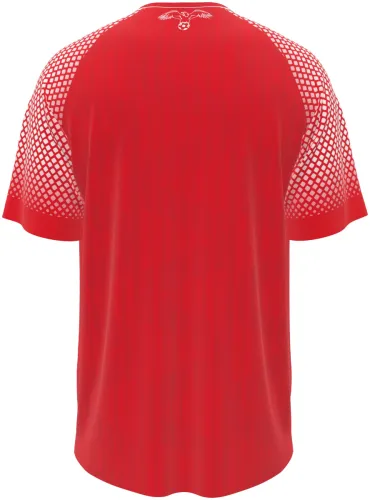 Camisa visitante da Jordânia 2026 vermelha com meio-tom no ombro, frente e costas