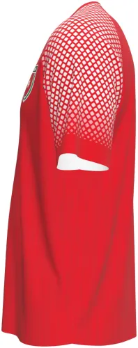 Camisa visitante da Jordânia 2026 vermelha com meio-tom no ombro, frente e costas