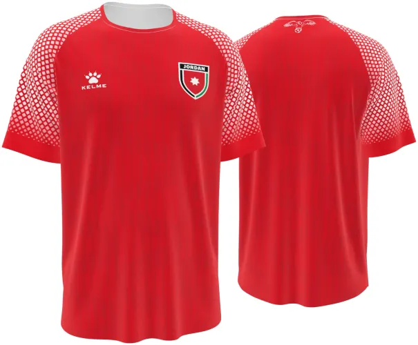 Camisa visitante da Jordânia 2026 vermelha com meio-tom no ombro, frente e costas