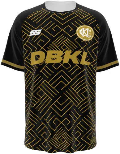 Camisa terceiro uniforme do Kuala Lumpur City FC 2025 - 2026 preta com grega dourada, frente e costas