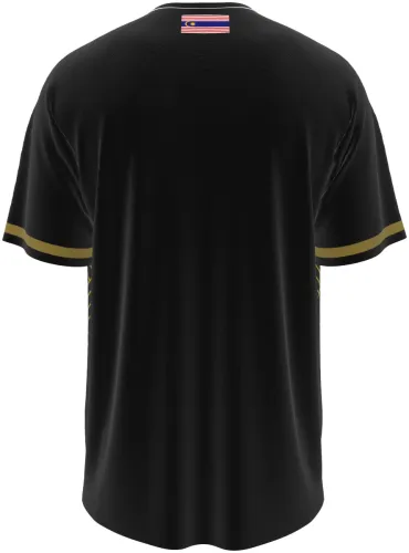 Camisa terceiro uniforme do Kuala Lumpur City FC 2025 - 2026 preta com grega dourada, frente e costas