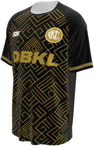 Camisa terceiro uniforme do Kuala Lumpur City FC 2025 - 2026 preta com grega dourada, frente e costas