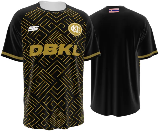 Camisa terceiro uniforme do Kuala Lumpur City FC 2025 - 2026 preta com grega dourada, frente e costas