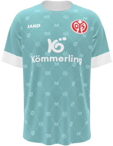 Camisa de goleiro do Mainz 05 2026 - 2027 verde-água com monograma repetido, frente e costas
