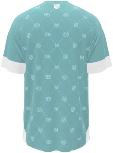 Camisa de goleiro do Mainz 05 2026 - 2027 verde-água com monograma repetido, frente e costas