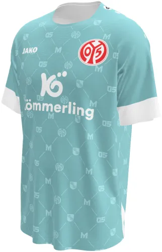 Camisa de goleiro do Mainz 05 2026 - 2027 verde-água com monograma repetido, frente e costas