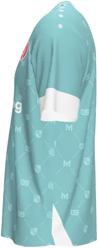 Camisa de goleiro do Mainz 05 2026 - 2027 verde-água com monograma repetido, frente e costas