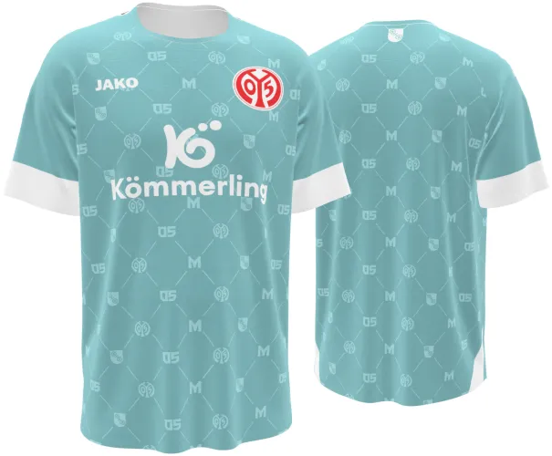 Camisa de goleiro do Mainz 05 2026 - 2027 verde-água com monograma repetido, frente e costas