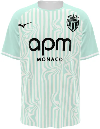Camisa terceiro uniforme do Monaco 2026 - 2027 verde-menta com listras onduladas, frente e costas