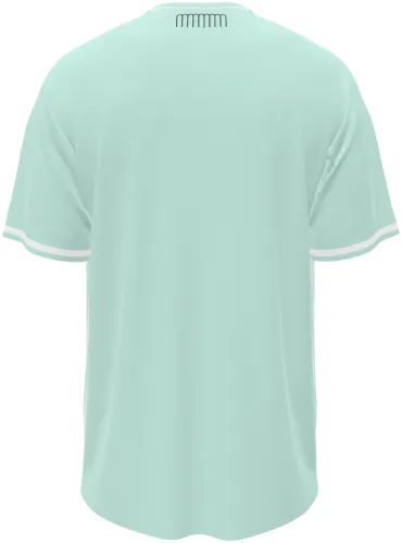 Camisa terceiro uniforme do Monaco 2026 - 2027 verde-menta com listras onduladas, frente e costas
