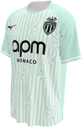 Camisa terceiro uniforme do Monaco 2026 - 2027 verde-menta com listras onduladas, frente e costas