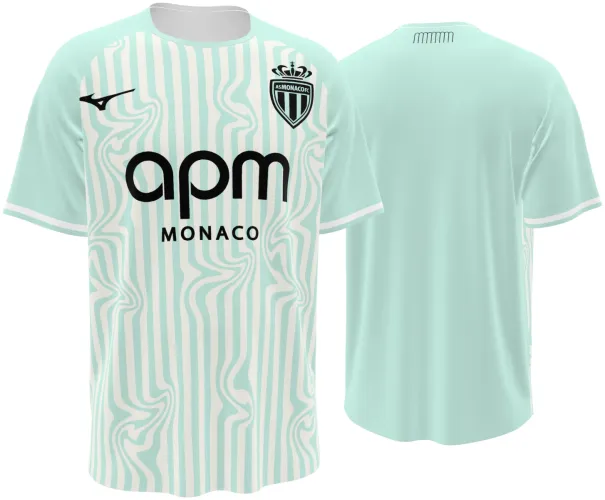 Camisa terceiro uniforme do Monaco 2026 - 2027 verde-menta com listras onduladas, frente e costas