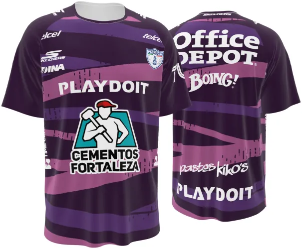 Camisa de goleiro do Pachuca 2026 - 2027 roxa com faixas onduladas rosa, frente e costas