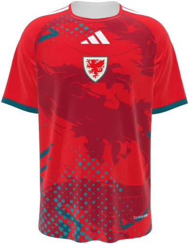 Camisa conceito do País de Gales 2026 vermelha com dragão e meio-tom turquesa, frente e costas