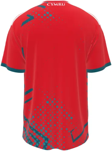 Camisa conceito do País de Gales 2026 vermelha com dragão e meio-tom turquesa, frente e costas