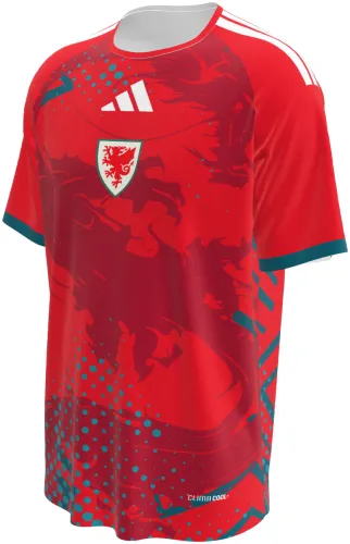 Camisa conceito do País de Gales 2026 vermelha com dragão e meio-tom turquesa, frente e costas