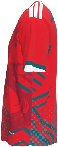 Camisa conceito do País de Gales 2026 vermelha com dragão e meio-tom turquesa, frente e costas