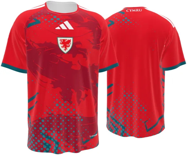 Camisa conceito do País de Gales 2026 vermelha com dragão e meio-tom turquesa, frente e costas
