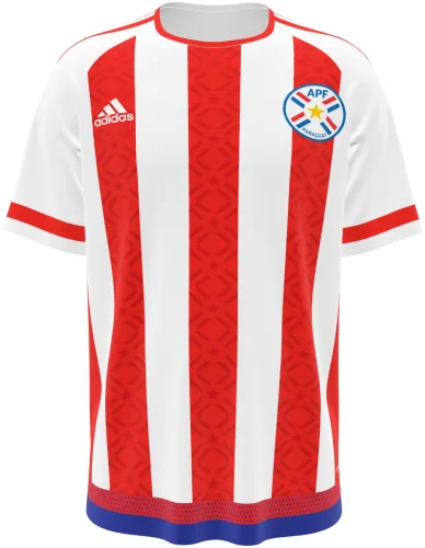 Camisa retrô do Paraguai 2015 listrada de vermelho e branco com renda ñandutí, frente e costas