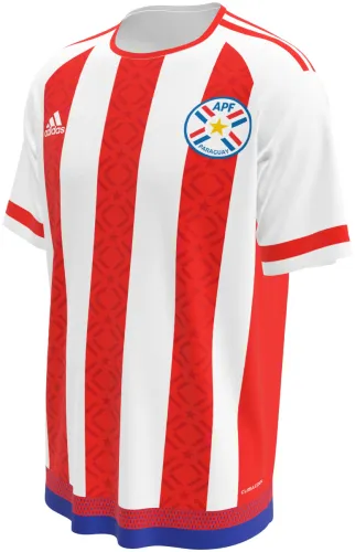 Camisa retrô do Paraguai 2015 listrada de vermelho e branco com renda ñandutí, frente e costas