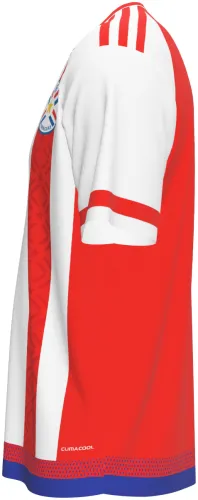 Camisa retrô do Paraguai 2015 listrada de vermelho e branco com renda ñandutí, frente e costas