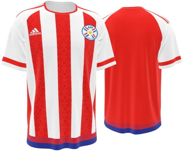 Camisa retrô do Paraguai 2015 listrada de vermelho e branco com renda ñandutí, frente e costas