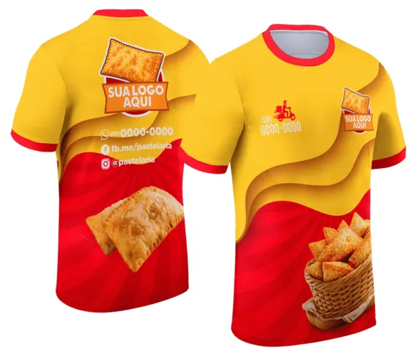 Camisa branca com logo no peito delicado e estampa grande nas costas ilustrando uma pastelaria artesanal com cores suaves e estilo clássico que remete ao vintage e à tradição da culinária artesanal.