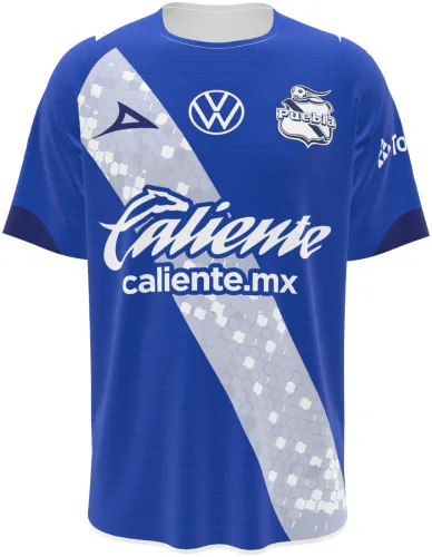 Camisa visitante do Puebla 2026 - 2027 azul com faixa diagonal branca de favos, frente e costas