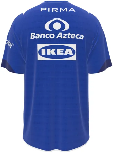 Camisa visitante do Puebla 2026 - 2027 azul com faixa diagonal branca de favos, frente e costas