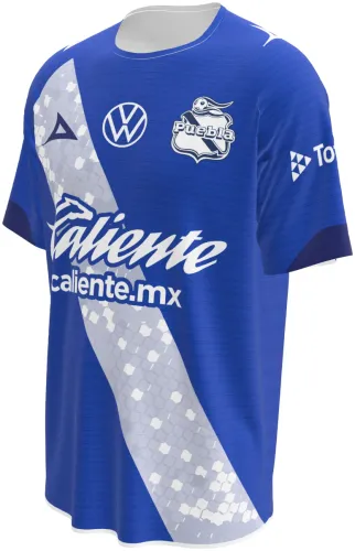 Camisa visitante do Puebla 2026 - 2027 azul com faixa diagonal branca de favos, frente e costas