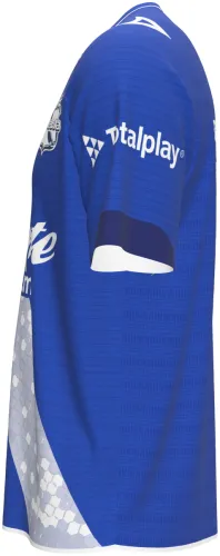 Camisa visitante do Puebla 2026 - 2027 azul com faixa diagonal branca de favos, frente e costas