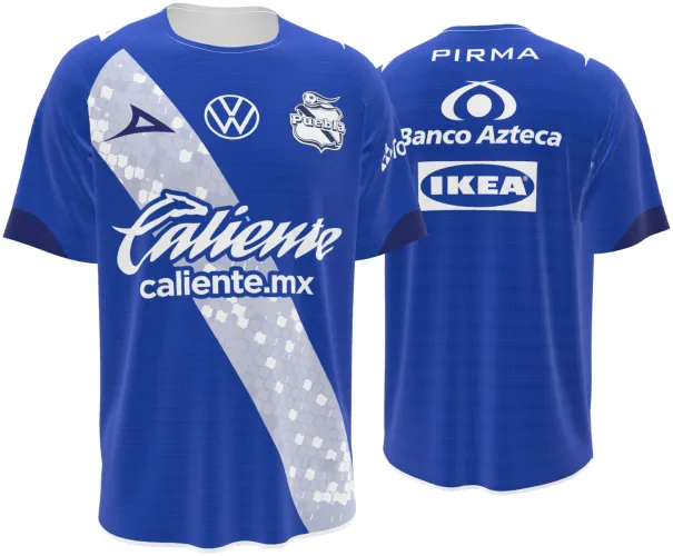Camisa visitante do Puebla 2026 - 2027 azul com faixa diagonal branca de favos, frente e costas
