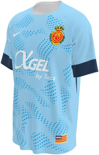 Camisa terceiro uniforme do RCD Mallorca 2026 - 2027 azul-claro com ondas de pontos, frente e costas