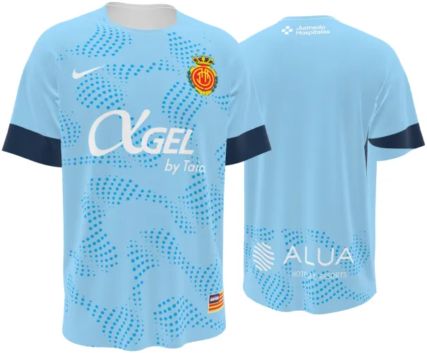 Camisa terceiro uniforme do RCD Mallorca 2026 - 2027 azul-claro com ondas de pontos, frente e costas