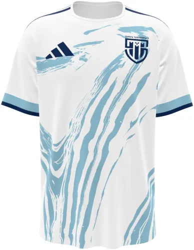 Camisa titular de San Marino 2026 branca com pinceladas azuis, frente e costas