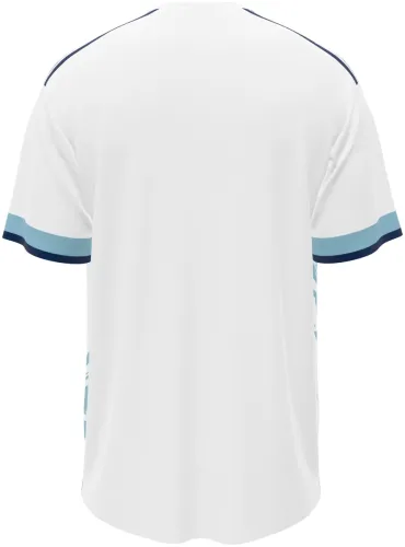 Camisa titular de San Marino 2026 branca com pinceladas azuis, frente e costas