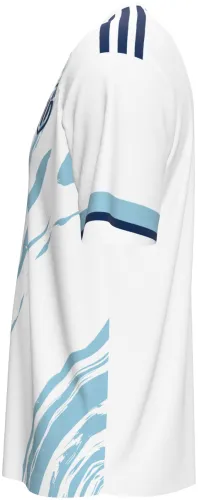 Camisa titular de San Marino 2026 branca com pinceladas azuis, frente e costas
