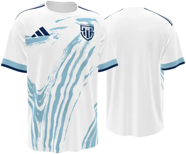 Camisa titular de San Marino 2026 branca com pinceladas azuis, frente e costas