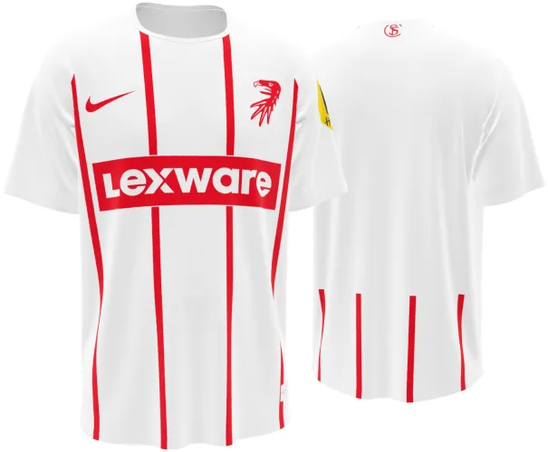 Camisa visitante do SC Freiburg 2026 - 2027 branca com filetes vermelhos, frente e costas