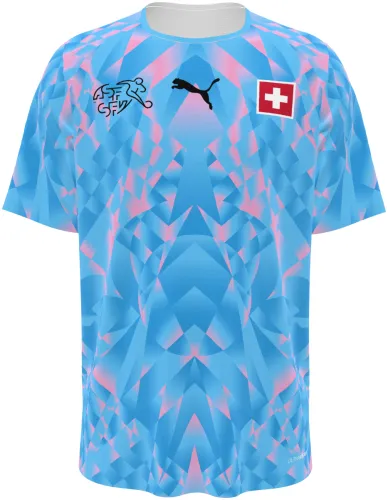 Camisa de goleiro da Suíça 2026 azul-clara com facetas de cristal rosa, frente e costas