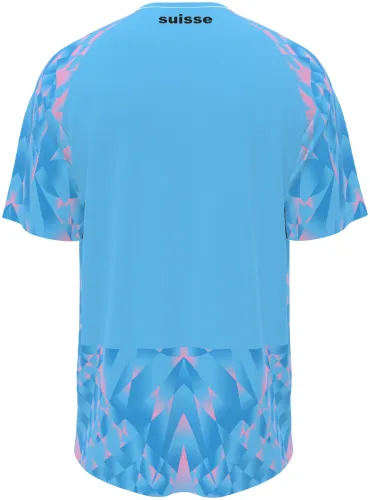 Camisa de goleiro da Suíça 2026 azul-clara com facetas de cristal rosa, frente e costas