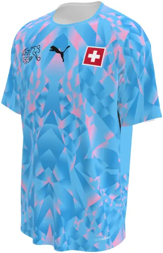 Camisa de goleiro da Suíça 2026 azul-clara com facetas de cristal rosa, frente e costas